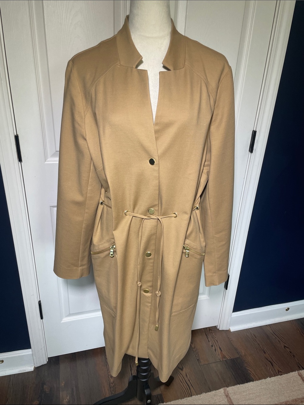 Chico's Brown Sugar Drawstring Duster Jacket Topper Gold Zip Snap But Sz 3/XL